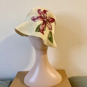 Kangol Bucket Hat with Embroidered Flower Design Cream One Size